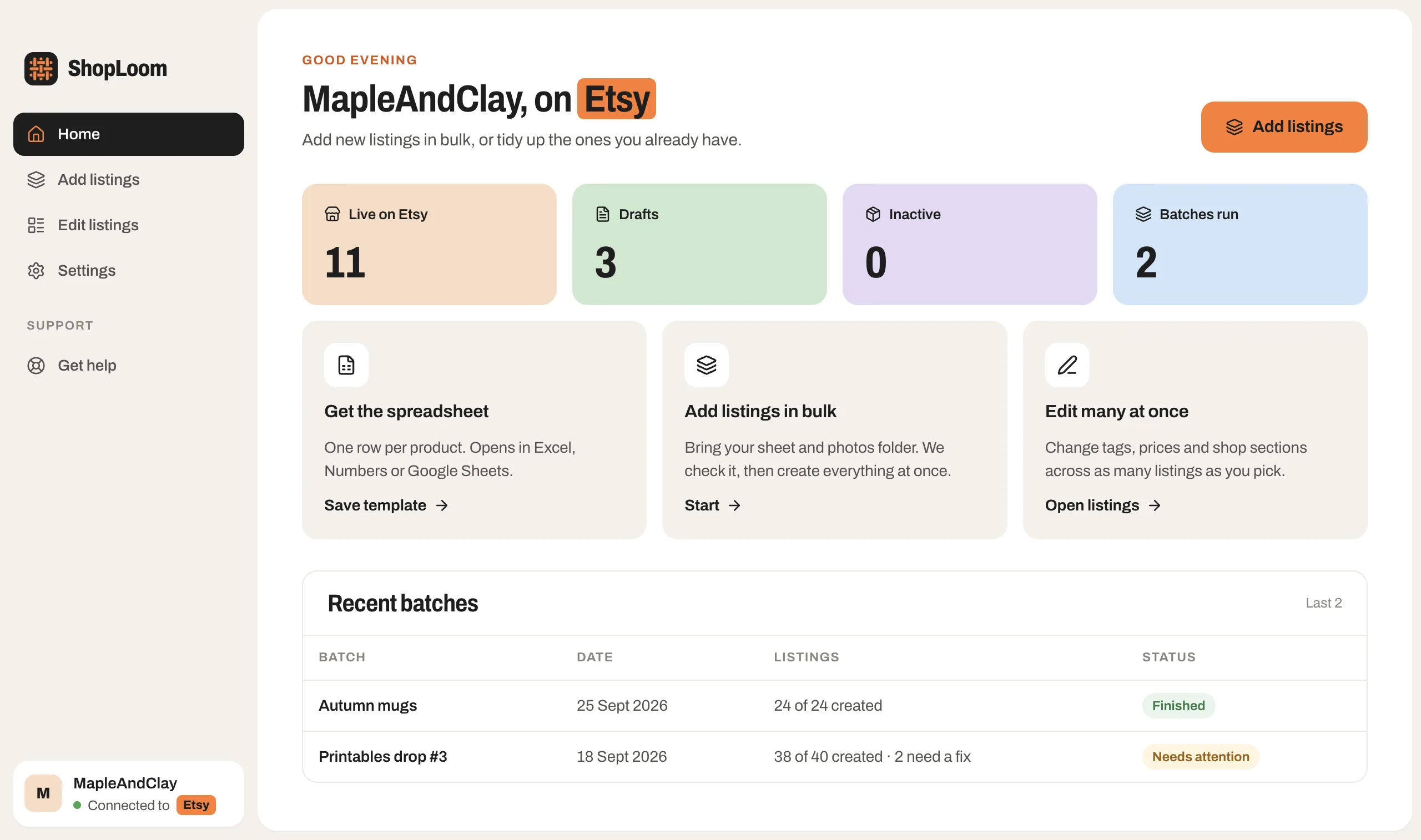 The ShopLoom home screen for an Etsy shop