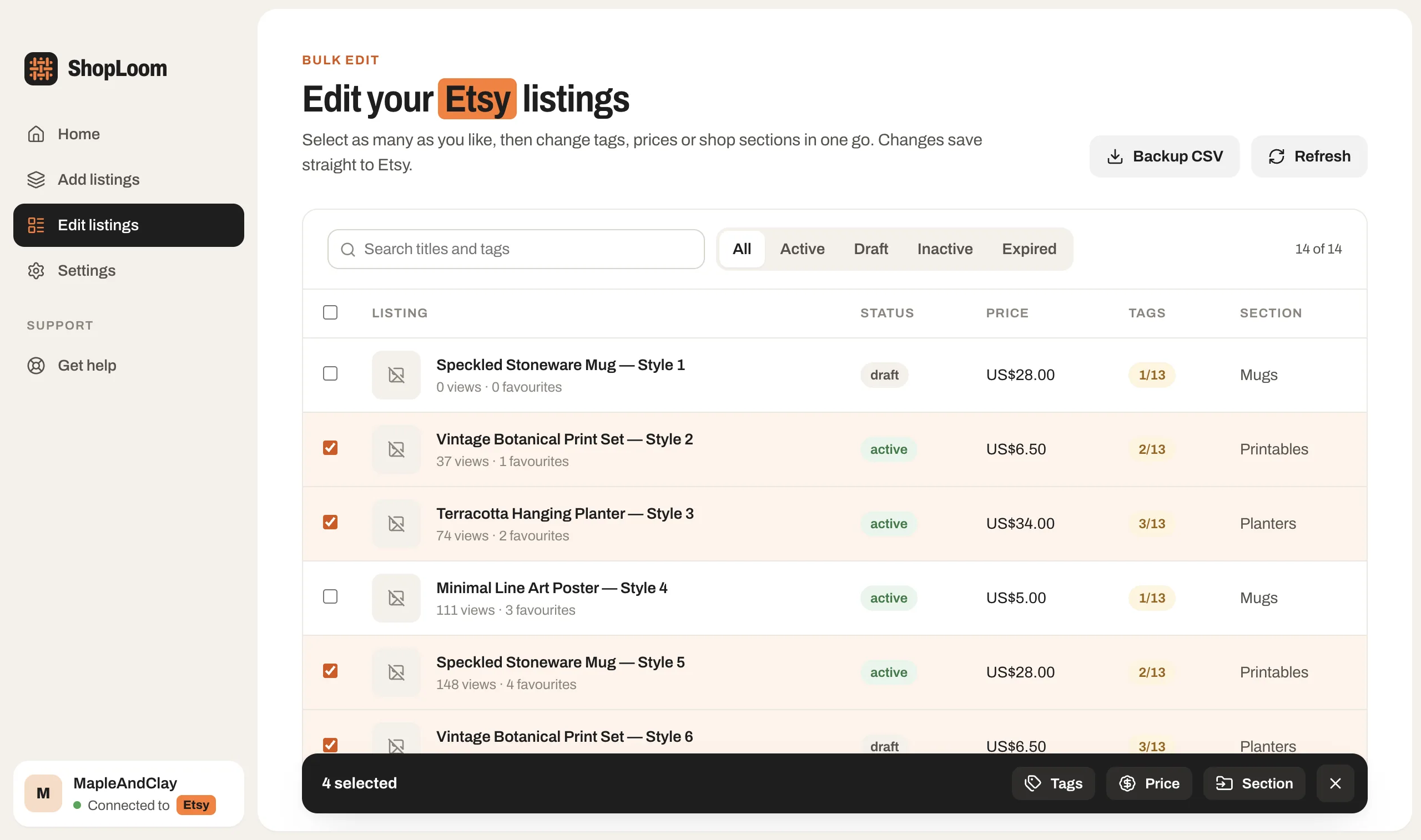 Selecting several listings to edit their tags, price and section together