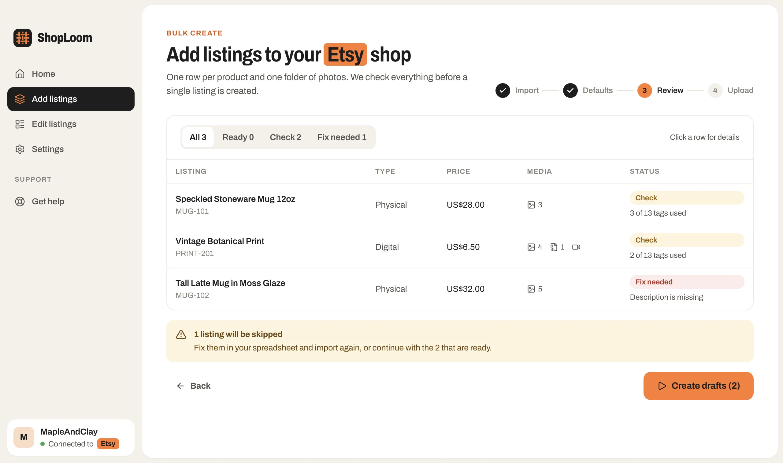 Checking a batch of new listings before they are created