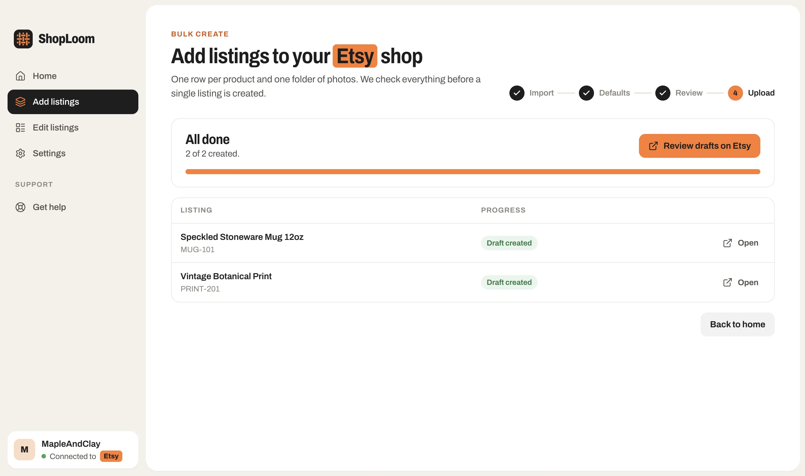 A finished batch with every listing created as a draft on Etsy